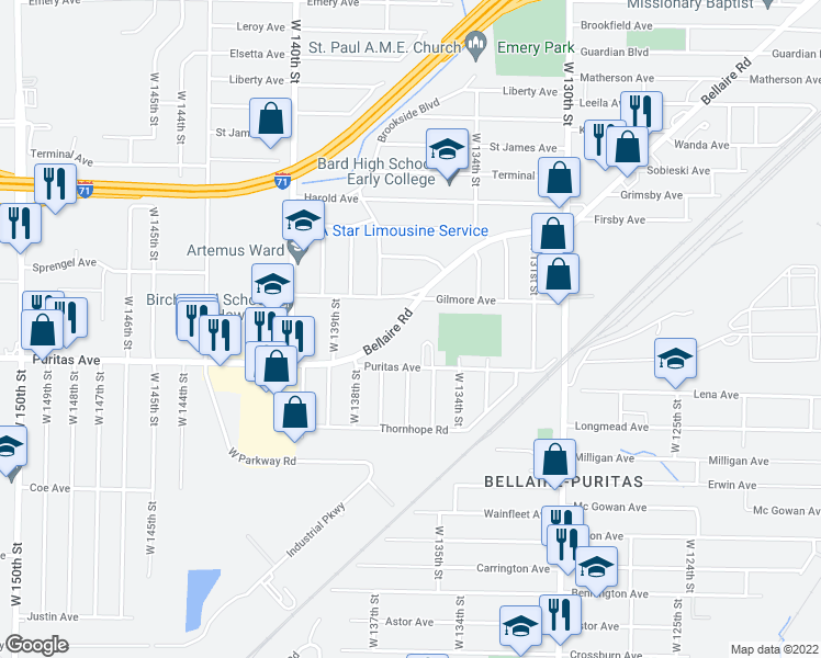 map of restaurants, bars, coffee shops, grocery stores, and more near 13609 Bellaire Road in Cleveland
