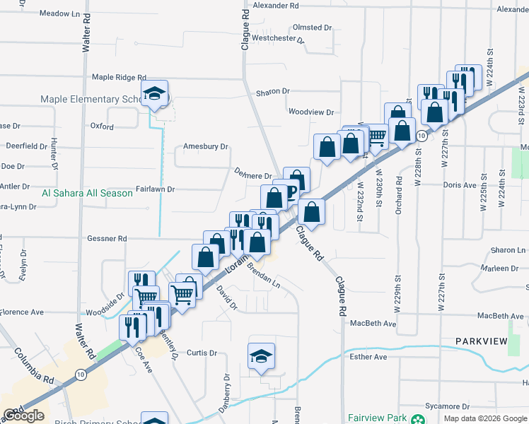 map of restaurants, bars, coffee shops, grocery stores, and more near 23460 Lorain Road in North Olmsted