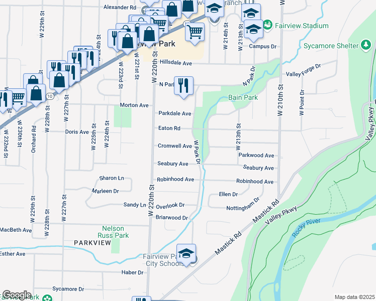 map of restaurants, bars, coffee shops, grocery stores, and more near 21745 Cromwell Avenue in Fairview Park
