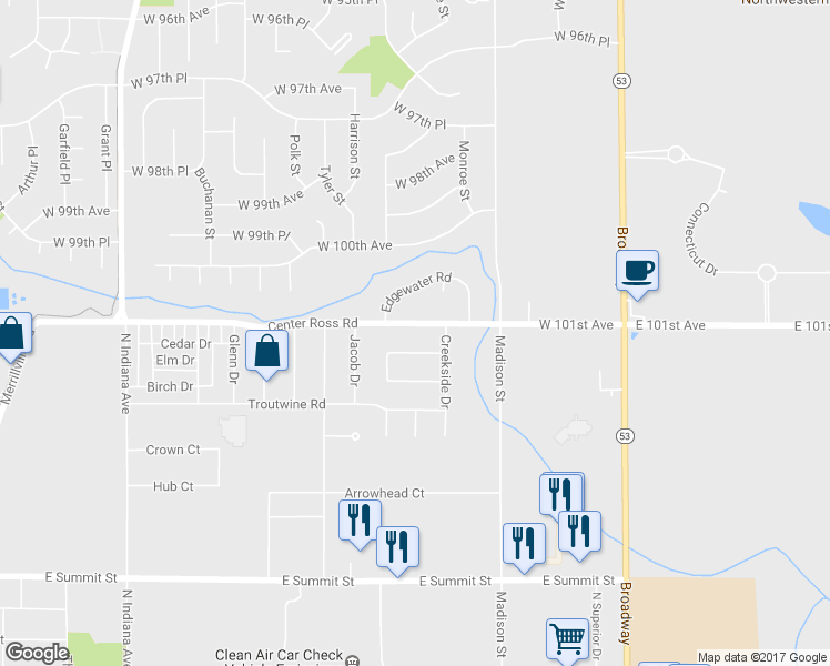 map of restaurants, bars, coffee shops, grocery stores, and more near 1237 Center Ross Road in Crown Point