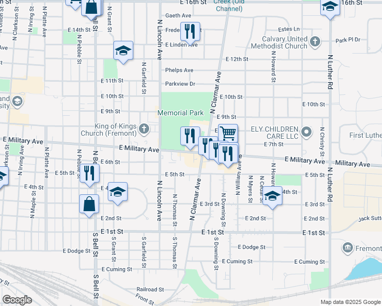 map of restaurants, bars, coffee shops, grocery stores, and more near 1725 E Military Ave in Fremont