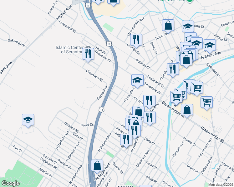map of restaurants, bars, coffee shops, grocery stores, and more near 1425 North Rebecca Avenue in Scranton