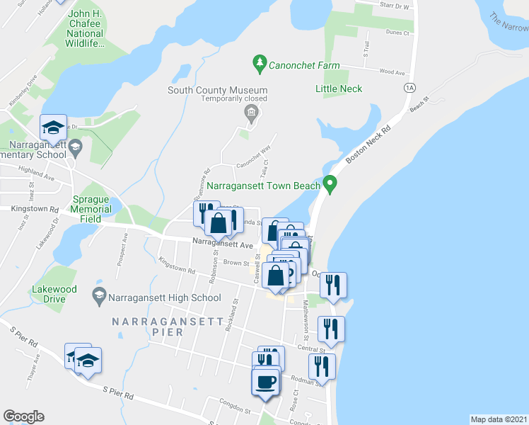 map of restaurants, bars, coffee shops, grocery stores, and more near 2 Caswell St in Narragansett