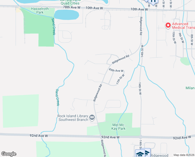 map of restaurants, bars, coffee shops, grocery stores, and more near 8512 Ridgewood Road in Rock Island