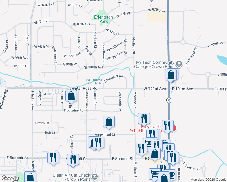 map of restaurants, bars, coffee shops, grocery stores, and more near 1237 Center Ross Road in Crown Point
