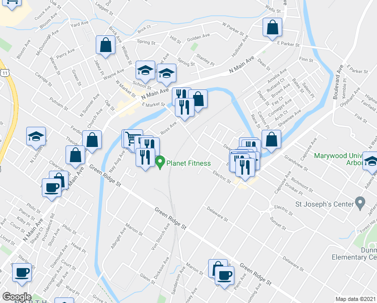 map of restaurants, bars, coffee shops, grocery stores, and more near 1801 Meylert Ave in Scranton