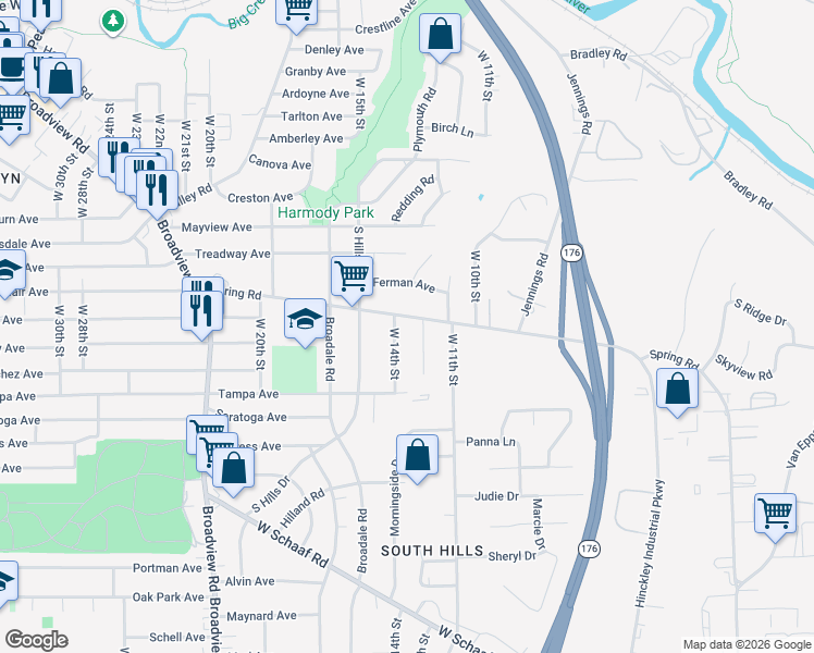 map of restaurants, bars, coffee shops, grocery stores, and more near 4462 West 14th Street in Cleveland