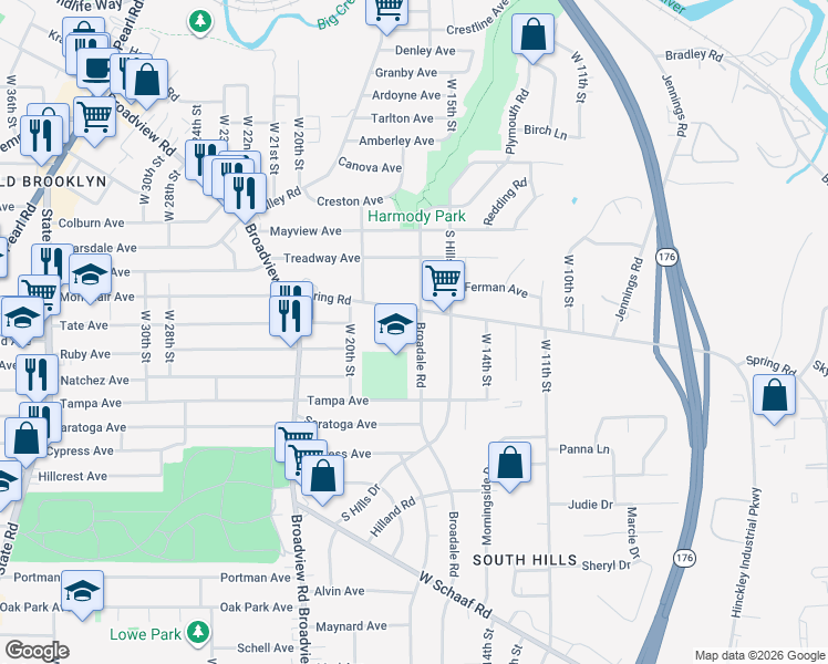 map of restaurants, bars, coffee shops, grocery stores, and more near 4464 Broadale Road in Cleveland