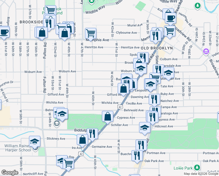 map of restaurants, bars, coffee shops, grocery stores, and more near 4209 Ardmore Avenue in Cleveland