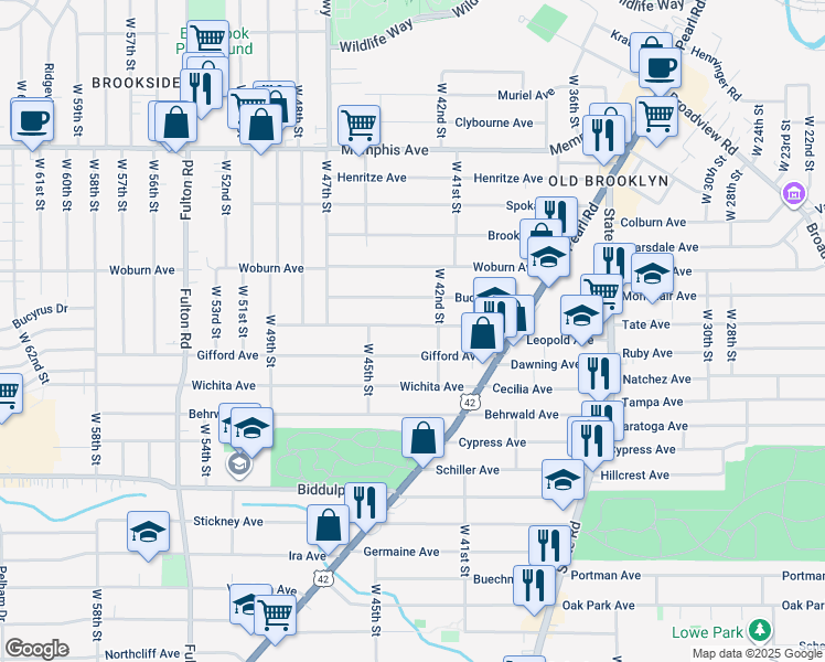 map of restaurants, bars, coffee shops, grocery stores, and more near 4209 Ardmore Avenue in Cleveland