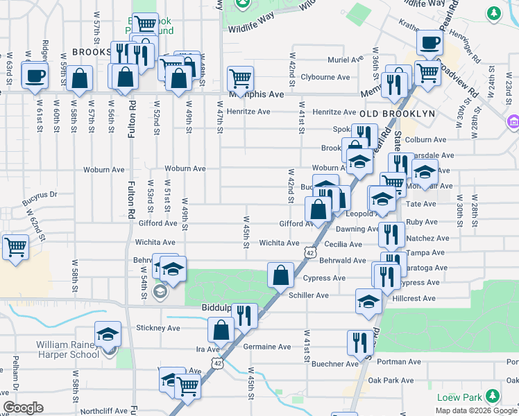 map of restaurants, bars, coffee shops, grocery stores, and more near 4325 Ardmore Avenue in Cleveland
