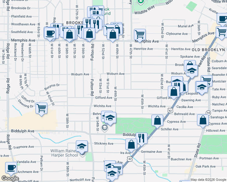map of restaurants, bars, coffee shops, grocery stores, and more near 4829 Ardmore Avenue in Cleveland