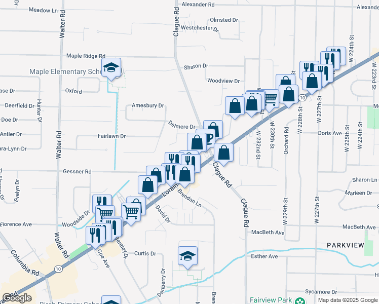 map of restaurants, bars, coffee shops, grocery stores, and more near 23460 Lorain Road in North Olmsted