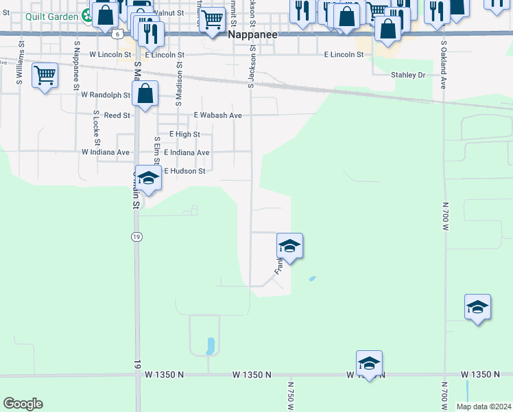 map of restaurants, bars, coffee shops, grocery stores, and more near 203 Stonewall Court in Nappanee