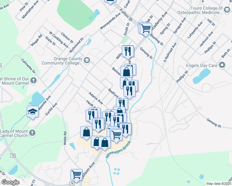 map of restaurants, bars, coffee shops, grocery stores, and more near 23 Bedford Avenue in Middletown