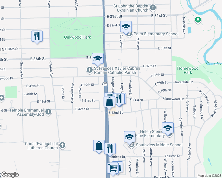 map of restaurants, bars, coffee shops, grocery stores, and more near 3966 Gregus Avenue in Lorain