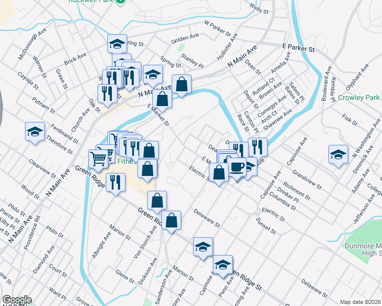 map of restaurants, bars, coffee shops, grocery stores, and more near 439 East Market Street in Scranton