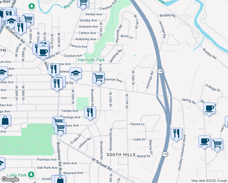 map of restaurants, bars, coffee shops, grocery stores, and more near 4462 West 14th Street in Cleveland