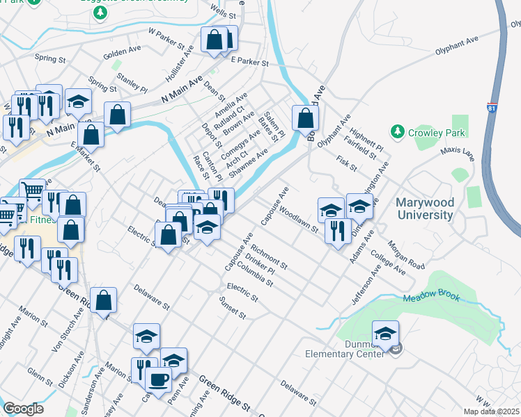 map of restaurants, bars, coffee shops, grocery stores, and more near 820 Woodlawn Street in Scranton