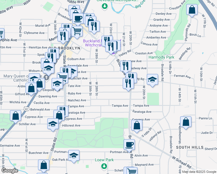 map of restaurants, bars, coffee shops, grocery stores, and more near 2509 Tate Avenue in Cleveland