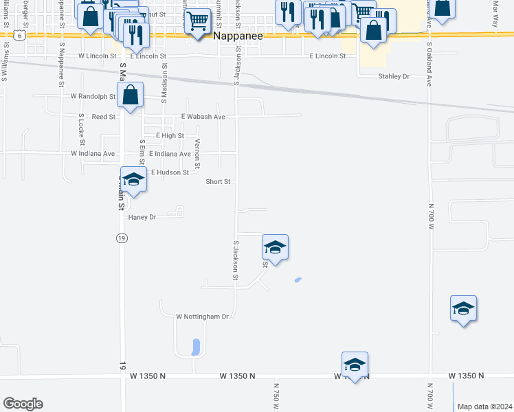 map of restaurants, bars, coffee shops, grocery stores, and more near 206 Stonewall Court in Nappanee