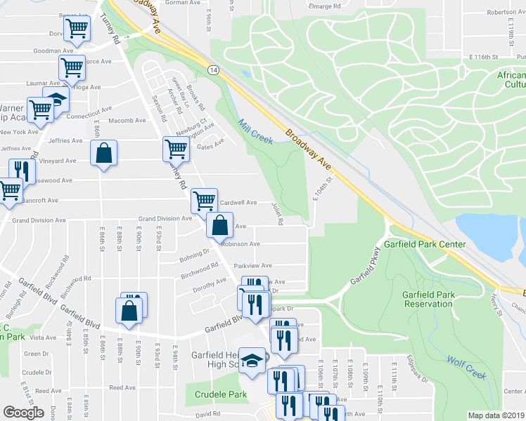 map of restaurants, bars, coffee shops, grocery stores, and more near 9916 Cardwell Avenue in Garfield Heights
