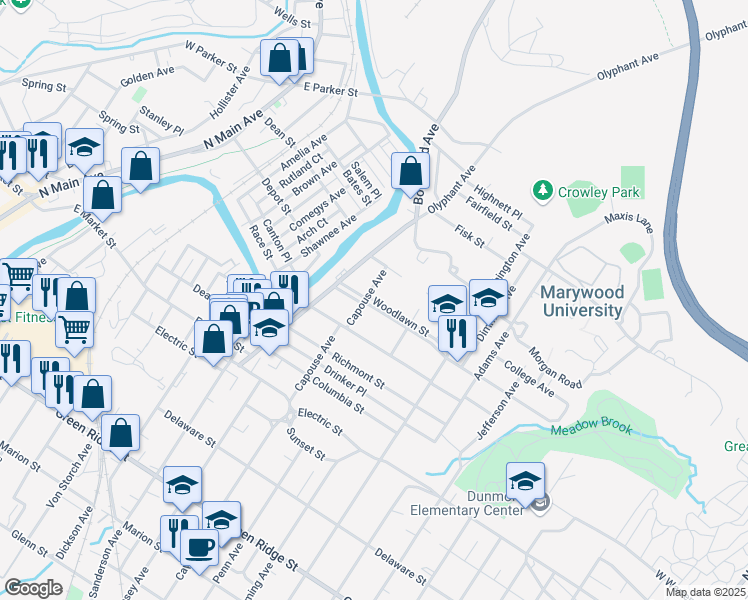 map of restaurants, bars, coffee shops, grocery stores, and more near 903 Woodlawn St in Scranton
