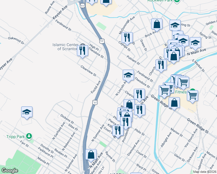 map of restaurants, bars, coffee shops, grocery stores, and more near 1425 North Rebecca Avenue in Scranton