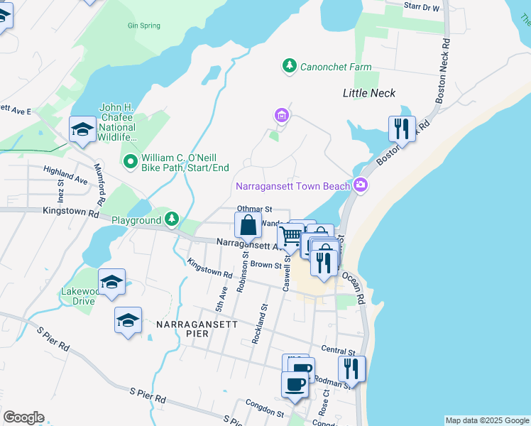map of restaurants, bars, coffee shops, grocery stores, and more near 32 Othmar Street in Narragansett