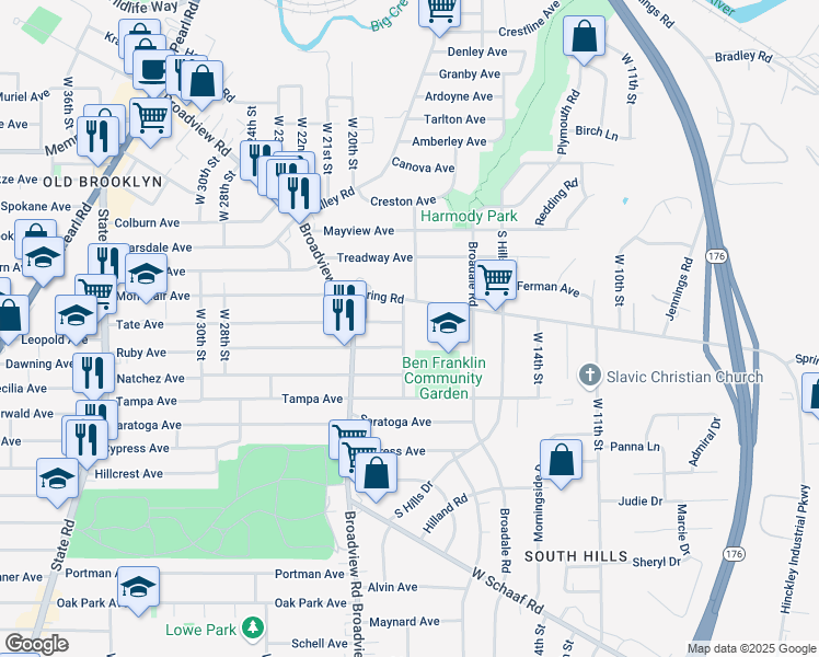 map of restaurants, bars, coffee shops, grocery stores, and more near 4455 West 20th Street in Cleveland