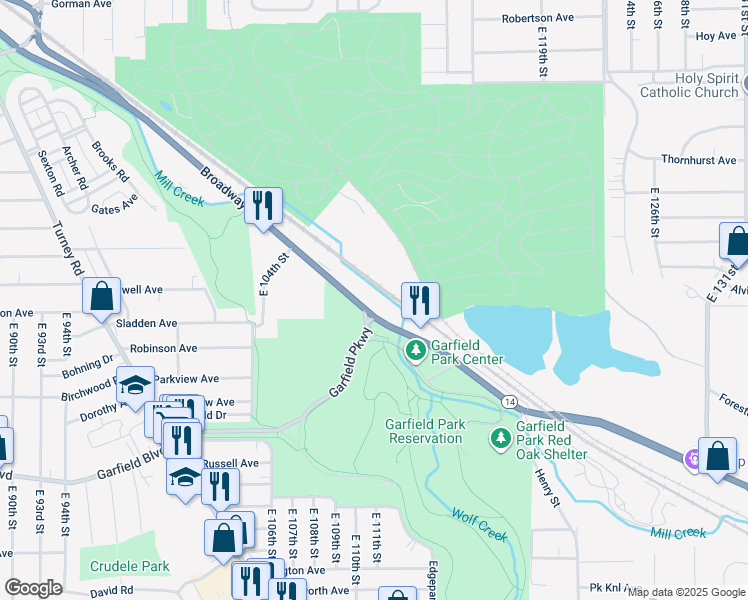 map of restaurants, bars, coffee shops, grocery stores, and more near 11111 Broadway Avenue in Garfield Heights