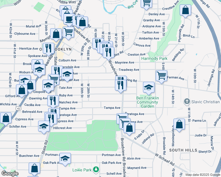 map of restaurants, bars, coffee shops, grocery stores, and more near 2309 Tate Avenue in Cleveland