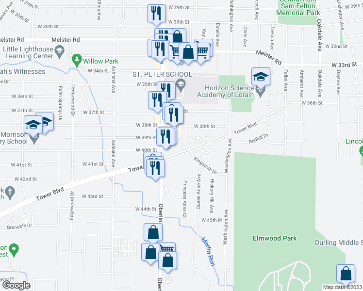 map of restaurants, bars, coffee shops, grocery stores, and more near 1130 Tower Boulevard in Lorain