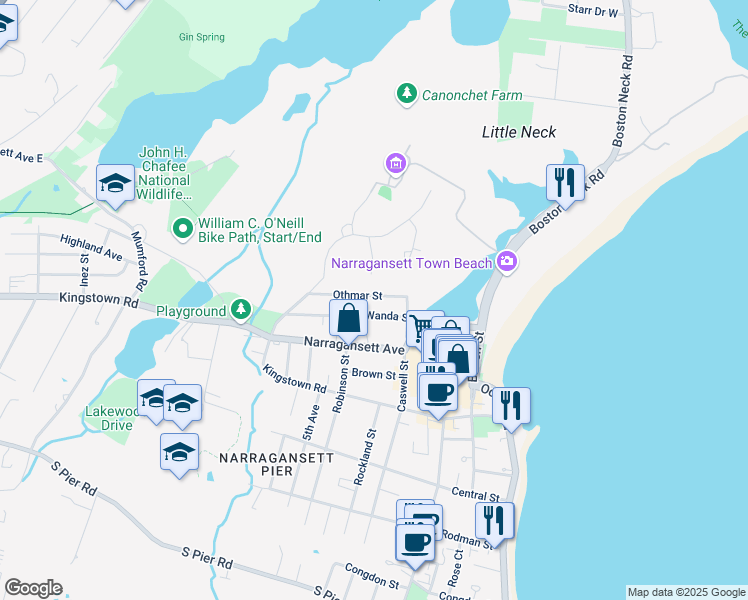 map of restaurants, bars, coffee shops, grocery stores, and more near 32 Othmar Street in Narragansett