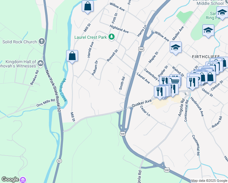 map of restaurants, bars, coffee shops, grocery stores, and more near 17 Brewster Road in Cornwall