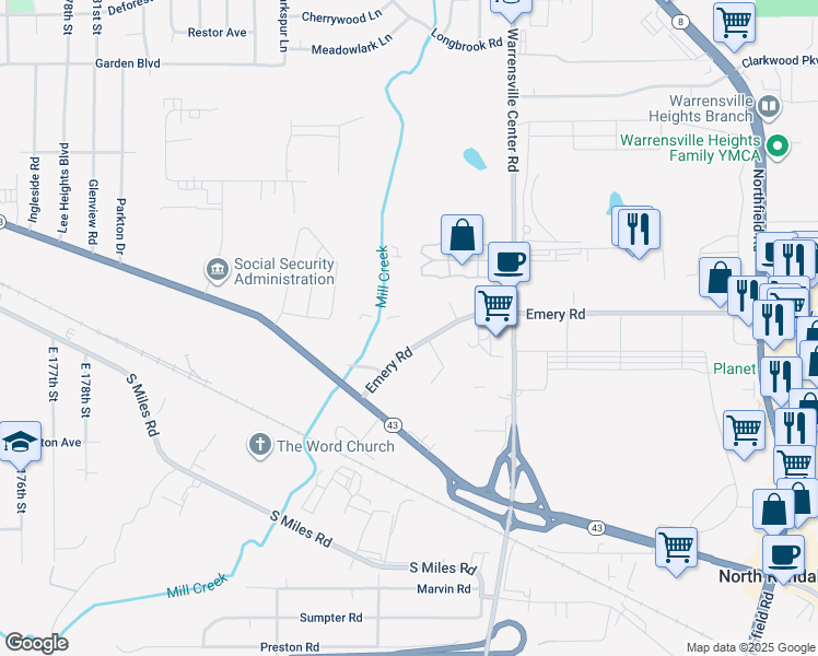map of restaurants, bars, coffee shops, grocery stores, and more near 20265 Emery Road in North Randall