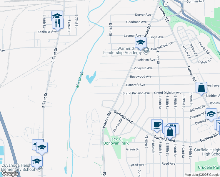 map of restaurants, bars, coffee shops, grocery stores, and more near 7901 Grand Division Avenue in Cleveland