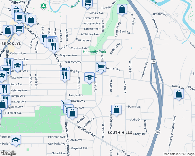 map of restaurants, bars, coffee shops, grocery stores, and more near 4462 South Hills Drive in Cleveland