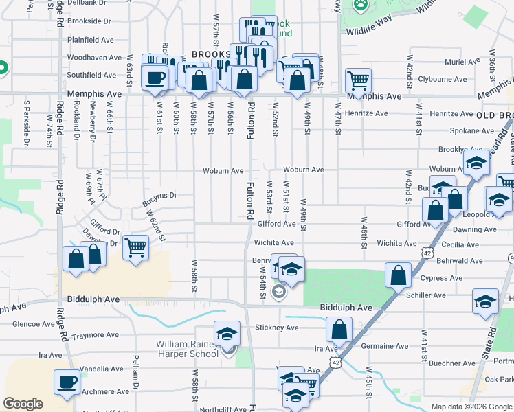 map of restaurants, bars, coffee shops, grocery stores, and more near 4479 Fulton Road in Cleveland