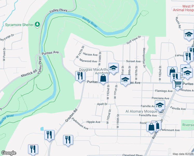 map of restaurants, bars, coffee shops, grocery stores, and more near 19350 Puritas Avenue in Cleveland