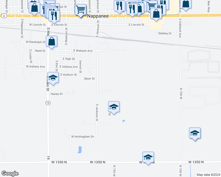 map of restaurants, bars, coffee shops, grocery stores, and more near 216 Stonewall Court in Nappanee