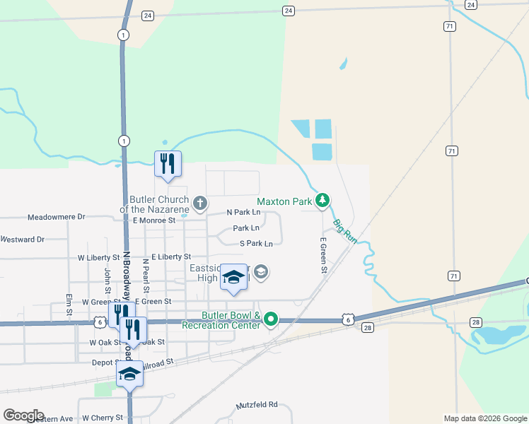map of restaurants, bars, coffee shops, grocery stores, and more near 340 N Park Ln in Butler