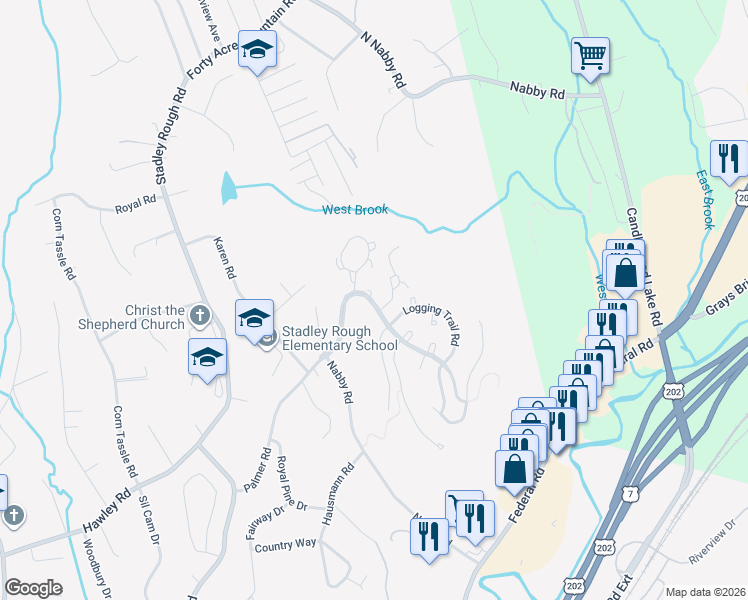 map of restaurants, bars, coffee shops, grocery stores, and more near 5004 Hancock Drive in Danbury