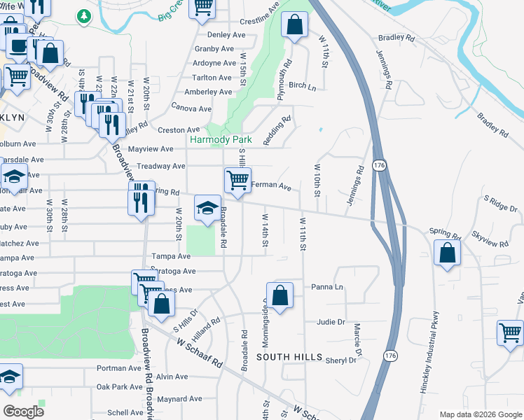 map of restaurants, bars, coffee shops, grocery stores, and more near 4462 West 14th Street in Cleveland