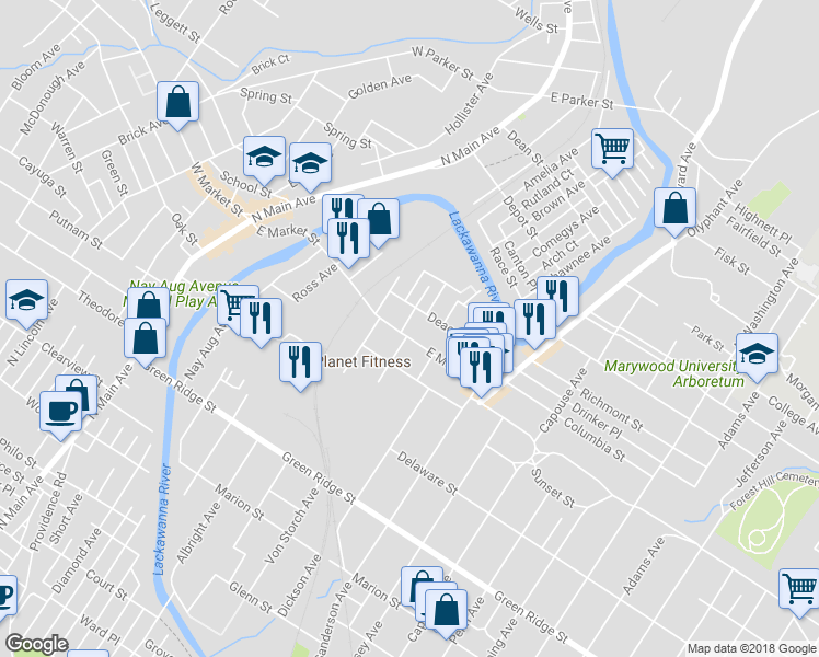 map of restaurants, bars, coffee shops, grocery stores, and more near 439 East Market Street in Scranton