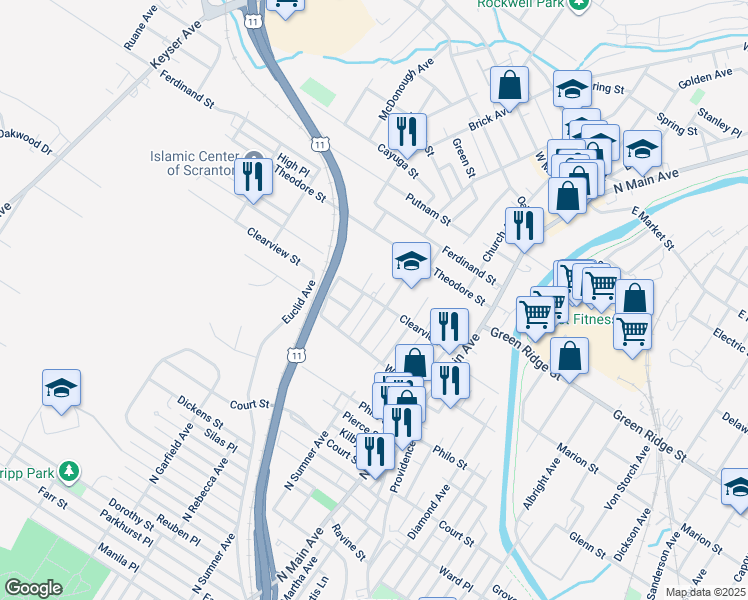 map of restaurants, bars, coffee shops, grocery stores, and more near 1401 Clearview Street in Scranton