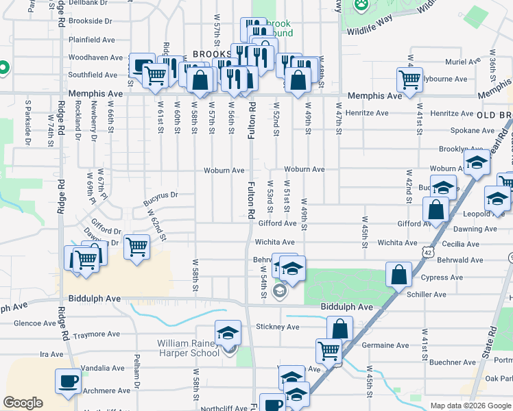 map of restaurants, bars, coffee shops, grocery stores, and more near 4471 Fulton Road in Cleveland
