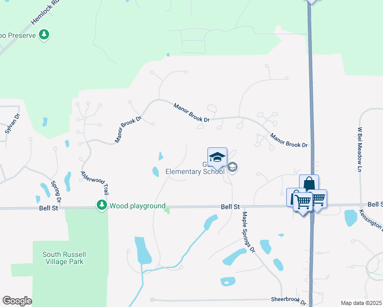 map of restaurants, bars, coffee shops, grocery stores, and more near 114 Waverly Lane in Chagrin Falls