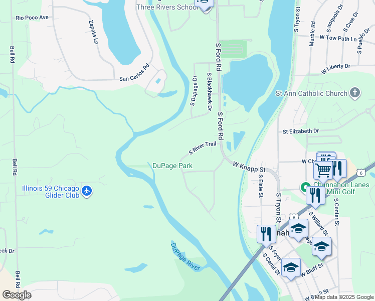 map of restaurants, bars, coffee shops, grocery stores, and more near 24621 South River Trail in Channahon