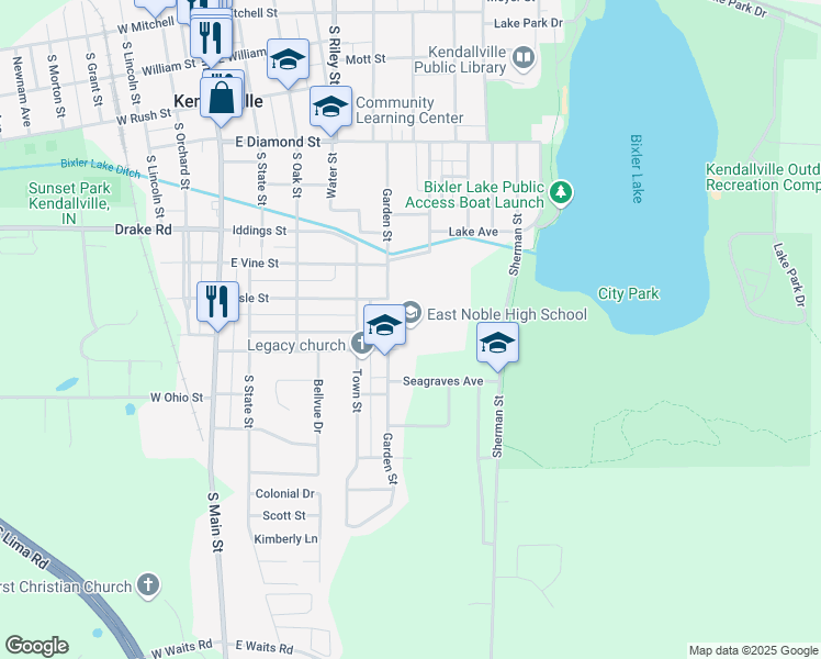 map of restaurants, bars, coffee shops, grocery stores, and more near 901 Garden Street in Kendallville